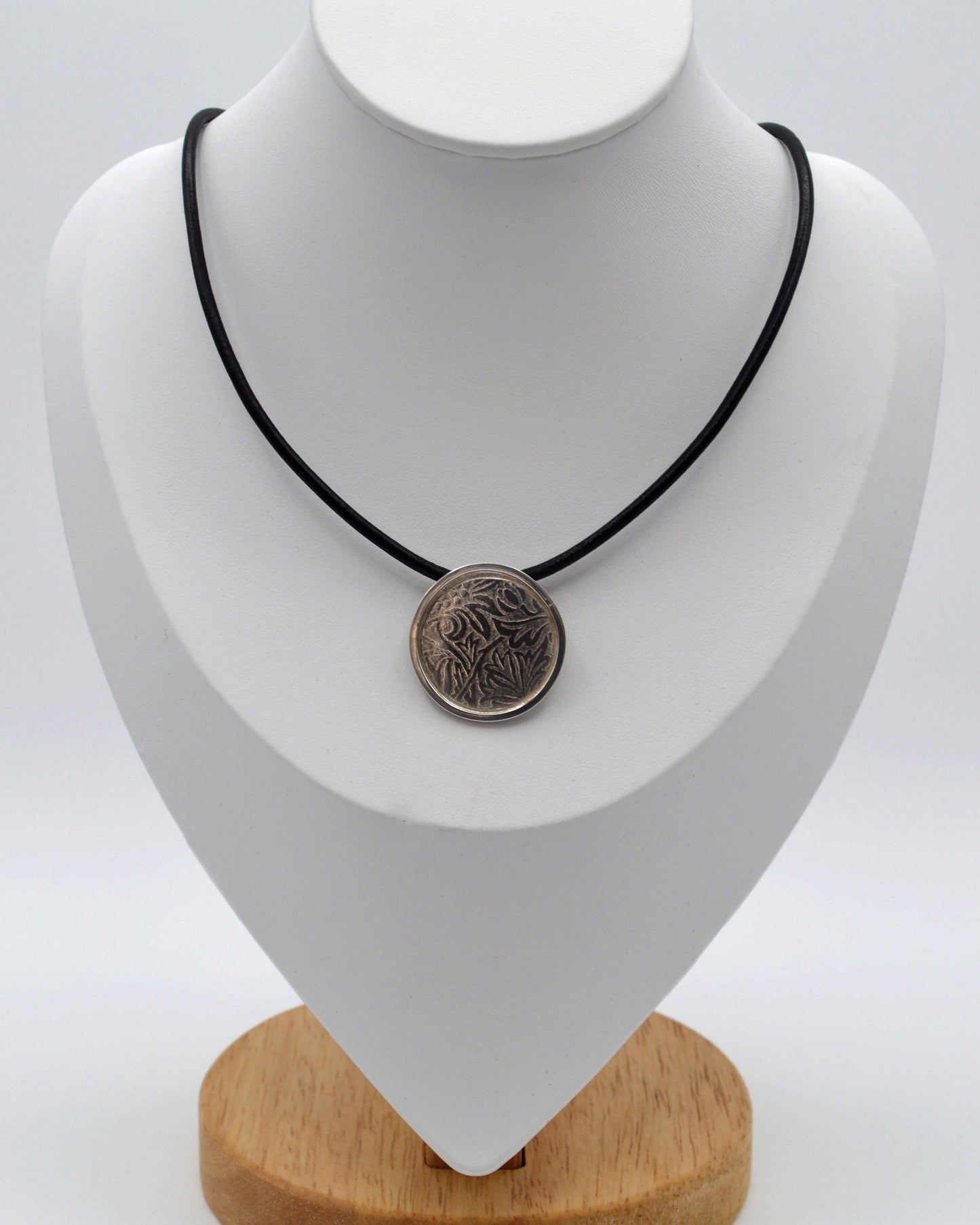 Floral Disk on Leather Necklace